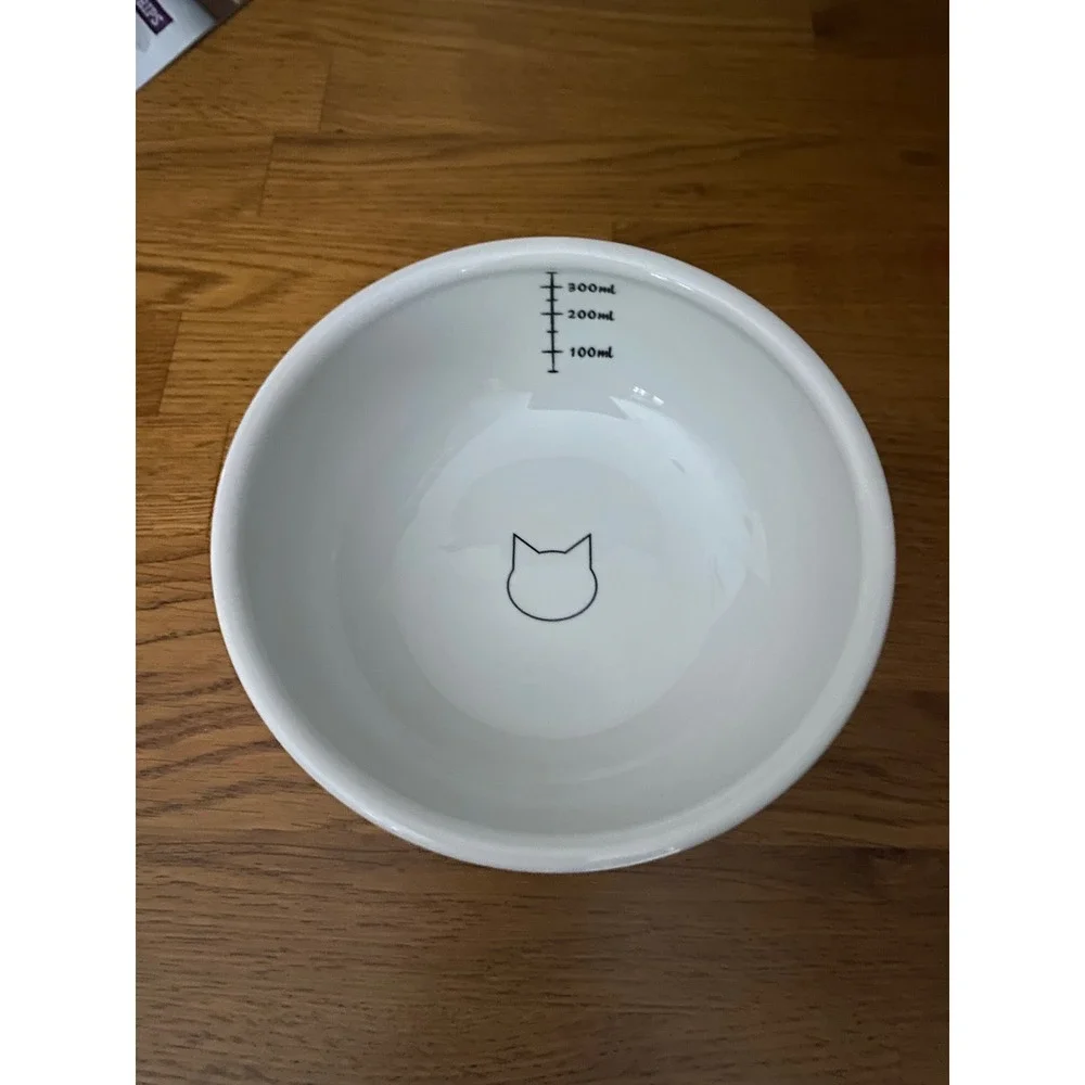 Necoichi White Ceramic Cat Bowl Raised Stand Paw Print Measuring Lines